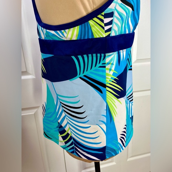Blue and Green Leaf Print Women's Swim Top - Picture 6 of 15